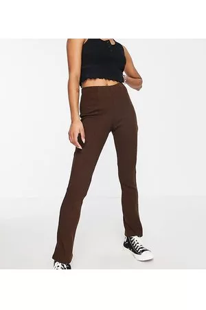 Topshop Waffle zip front split flared trousers in chocolate