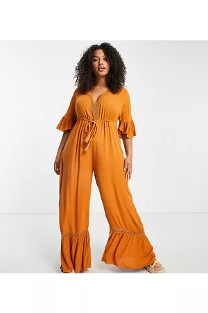 Violet Romance Curve Women Jumpsuits - Violet Romance Plus jumpsuit with tie waist and lace trim in rust