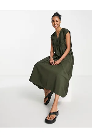 Whistles Easy midi smock dress with v front in khaki