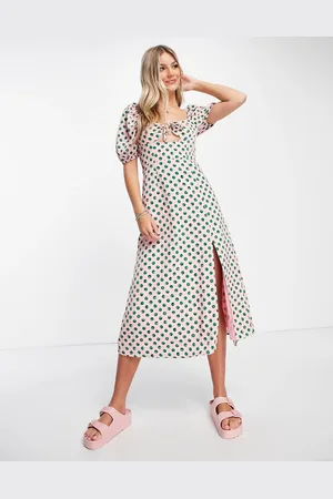 The Frolic Milkmaid midaxi dress with tie bust detail in watercolour spot