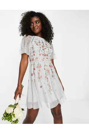 ASOS Bridesmaid floral embroidered flutter sleeve mini dress with embellishment in soft