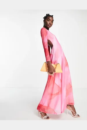 Topshop Long sleeve maxi dress in and red watercolour mix