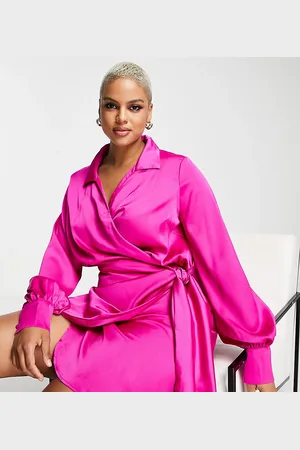 Never Fully Dressed Satin wrap mini dress in fuchsia