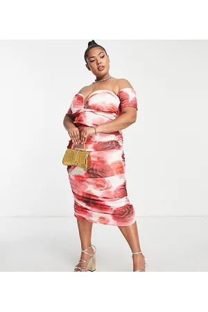ASOS ASOS DESIGN Curve v wire bardot ruche mesh midi dress in rose floral print
