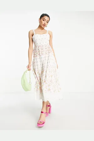 Miss Selfridge Premium tiered midaxi dress in ivory with floral embroidery