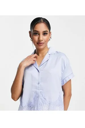 Loungeable Petite mix and match satin and lace pyjama top in pale