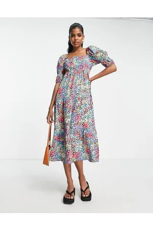 Influence Square neck puff sleeve midi dress in bold floral print