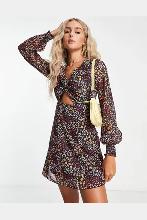 The Frolic Flippy mini tea dress with mesh sleeves and twist front in ditsy floral