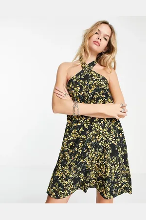 VILA Halterneck crossed neck smock mini dress in dark floral print