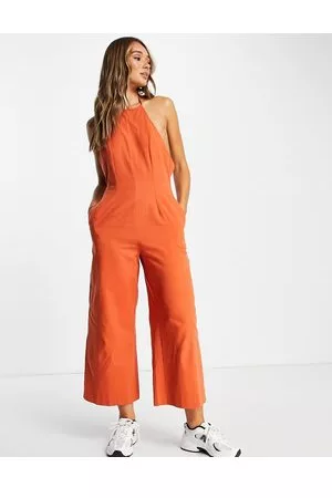 ASOS Women Jumpsuits - Twill strappy halter neck jumpsuit with wide leg in rust