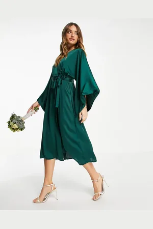 TFNC Bridesmaid kimono sleeve satin wrap midi dress in emerald