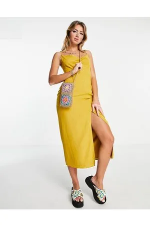 Pull&Bear Spaghetti strap midi dress with front slit detail in mustard