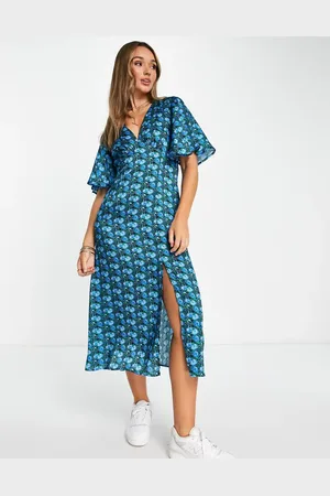 Topshop Angel sleeve printed midi dress in blue