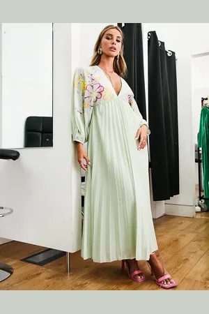ASOS V front baby doll pleated embroidered midi dress in pastel