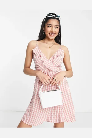 QED London Frill wrap cami mini dress in gingham print