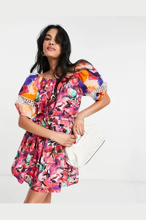 French Connection Cotton mini dress with puff sleeve in contrast prints