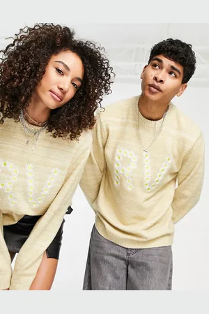 Reclaimed Inspired unisex jumper with daisy embroidery in beige