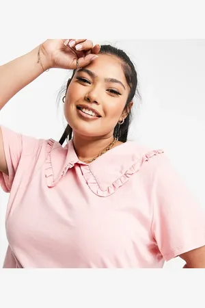 Pieces® Pieces Curve cotton t-shirt with exaggerated frill collar in - LPINK
