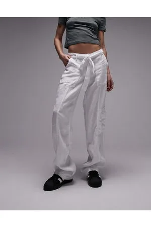 Topshop Linen tie waist mid rise straight leg trouser in