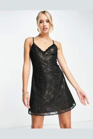 Topshop Lace flippy mini slip dress with gold metallic lining in