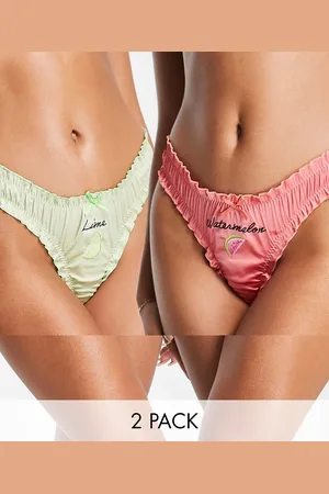 ASOS 2 pack satin frill fruit embroidered thongs in orange & green