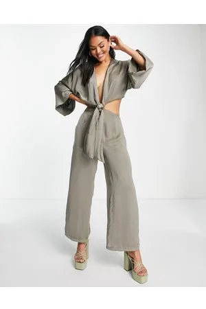 SNDYS Satin tie front open back jumpsuit in khaki
