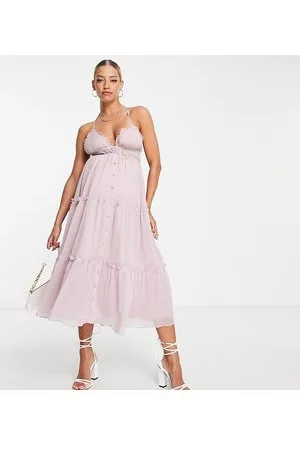 ASOS Maternity button through tiered midi dress with lace trim detail