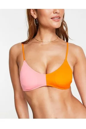 Monki Colour block bikini top in pink and orange