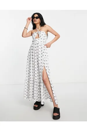 ASOS Broderie tiered maxi dress with halter cut out in with black contrast