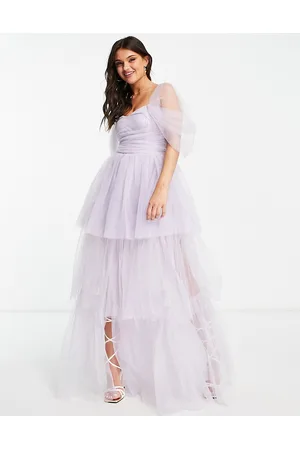 Lace & Beads Exclusive off shoulder tulle tiered maxi dress in lilac