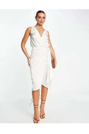 Never Fully Dressed Wrap front satin midi dress in oyster