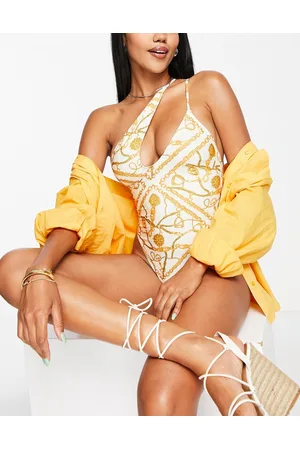 ASOS Asymmetric one shoulder high leg swimsuit in chain print