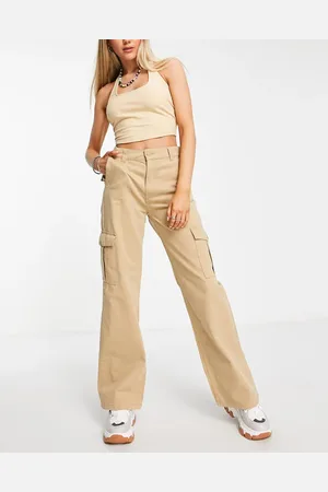 Pull&Bear High waisted straight leg cargo trousers in sand