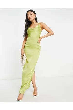 NaaNaa Satin cowl neck maxi dress in lime