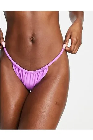 Striped Swim String Thong Bikini Bottoms in Pink and Purple Print
