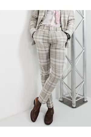 ASOS Skinny linen mix suit trousers in stone check