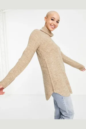 Pieces® Longline roll neck jumper in dark camel