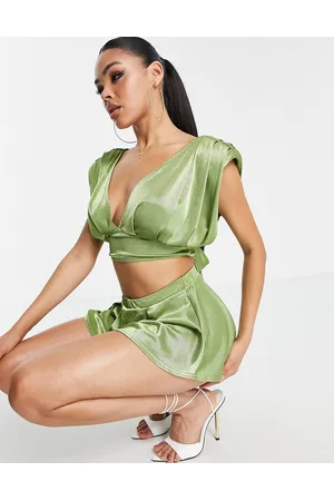 ASOS Co-ord tie back crop top with shoulder pads in olive