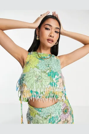 ASOS Bright floral print and sequin crop top with fringe