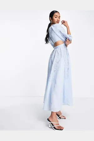 ASOS Puff sleeve midi dress with cut out back and beaded embroidery in