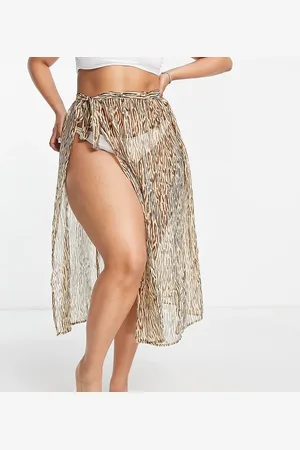 Brave Soul Plus tie front maxi beach skirt in brown animal print