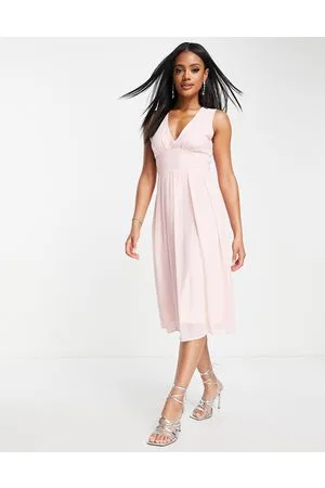 TFNC Bridesmaid chiffon v front midi dress with pleated skirt in whisper