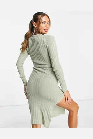 Brave Soul Eddie knitted dress with slit in sage