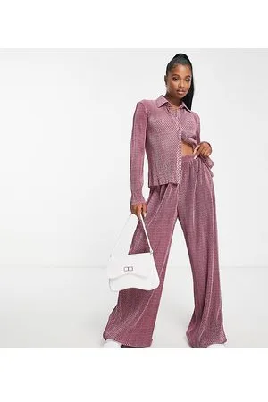 Glamorous Wide leg plisse trousers in purple spot co-ord
