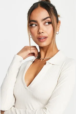 Monki Long sleeve top with collar in beige