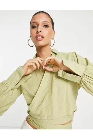 Pretty Lavish Cropped wrap shirt co-ord in olive