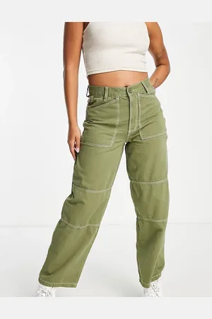 Topshop Workwear straight leg trouser with fold over waistband detail in khaki