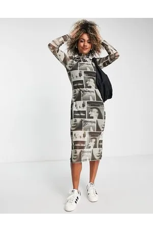 JJXX High neck mesh midi dress in newspaper print