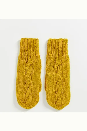 People Tree Hand knitted wool mittens in mustard