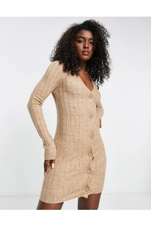 ASOS Knitted mini dress with button through detail in taupe